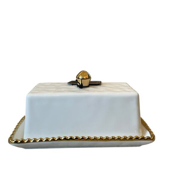 Baroque Covered Butter Dish 7in White Ceramic w/ Gold Beaded Trim Glam NEW - Picture 8 of 15